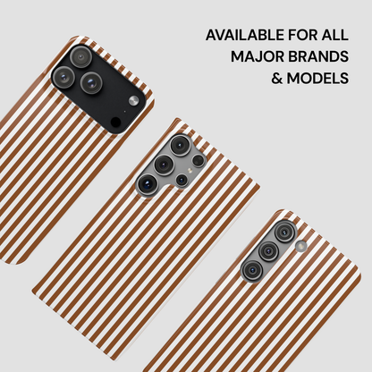 Phone case with brown and white striped pattern on a light gray background