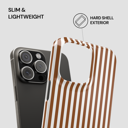 Phone case with brown and white striped design on a light gray background