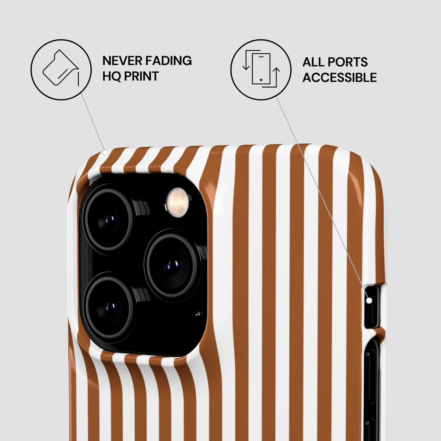 Phone case with brown and white striped design on a light gray background