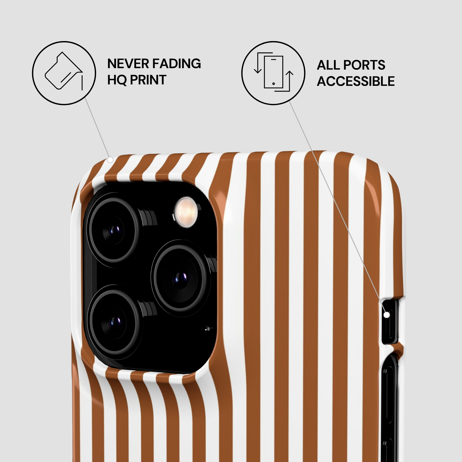 Phone case with brown and white striped design on a light gray background