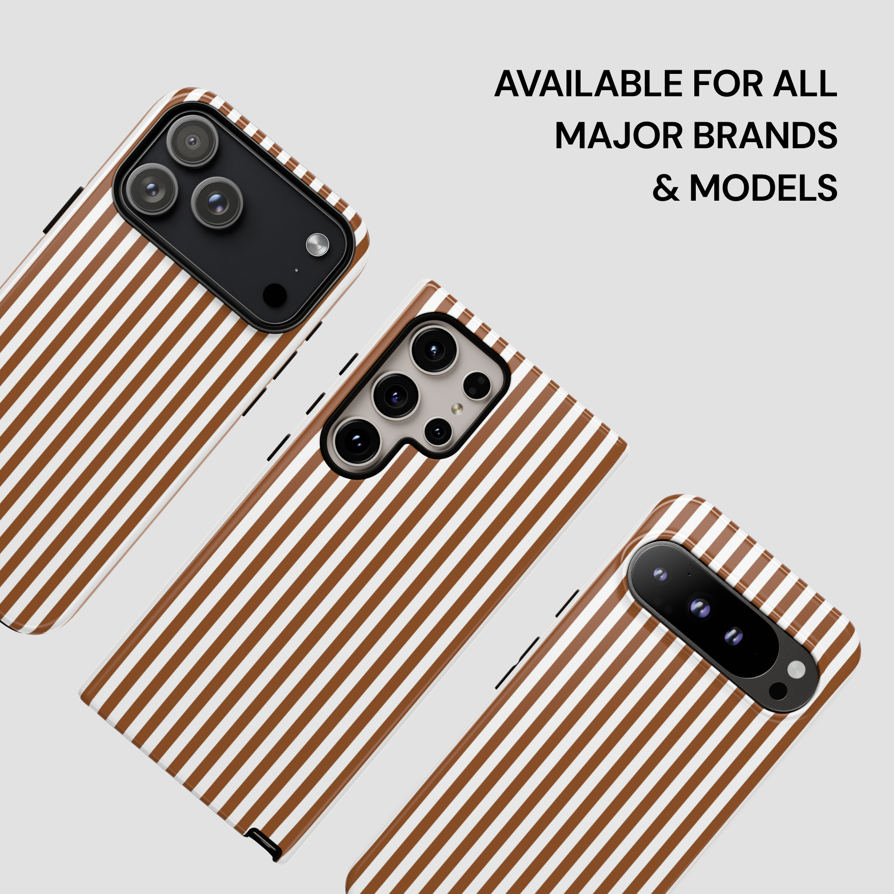 Striped phone case on a white background with text 'Available for all major brands & models'.