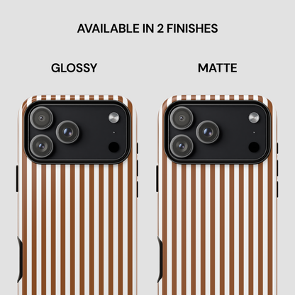 Two phone cases with striped design, one glossy and one matte, on a white background.