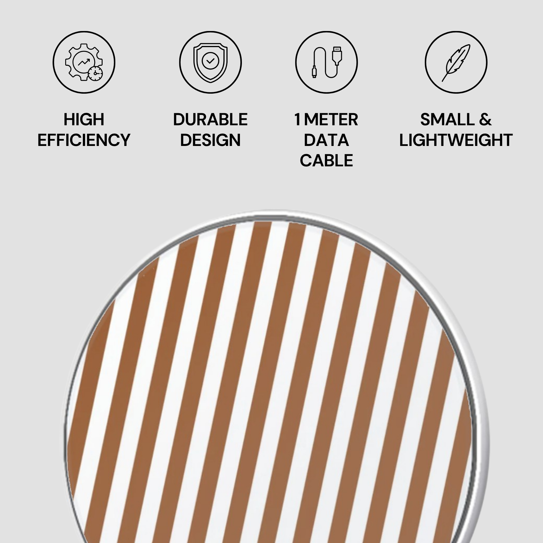 Product with brown and white striped design on a gray background, featuring icons and text about product features.