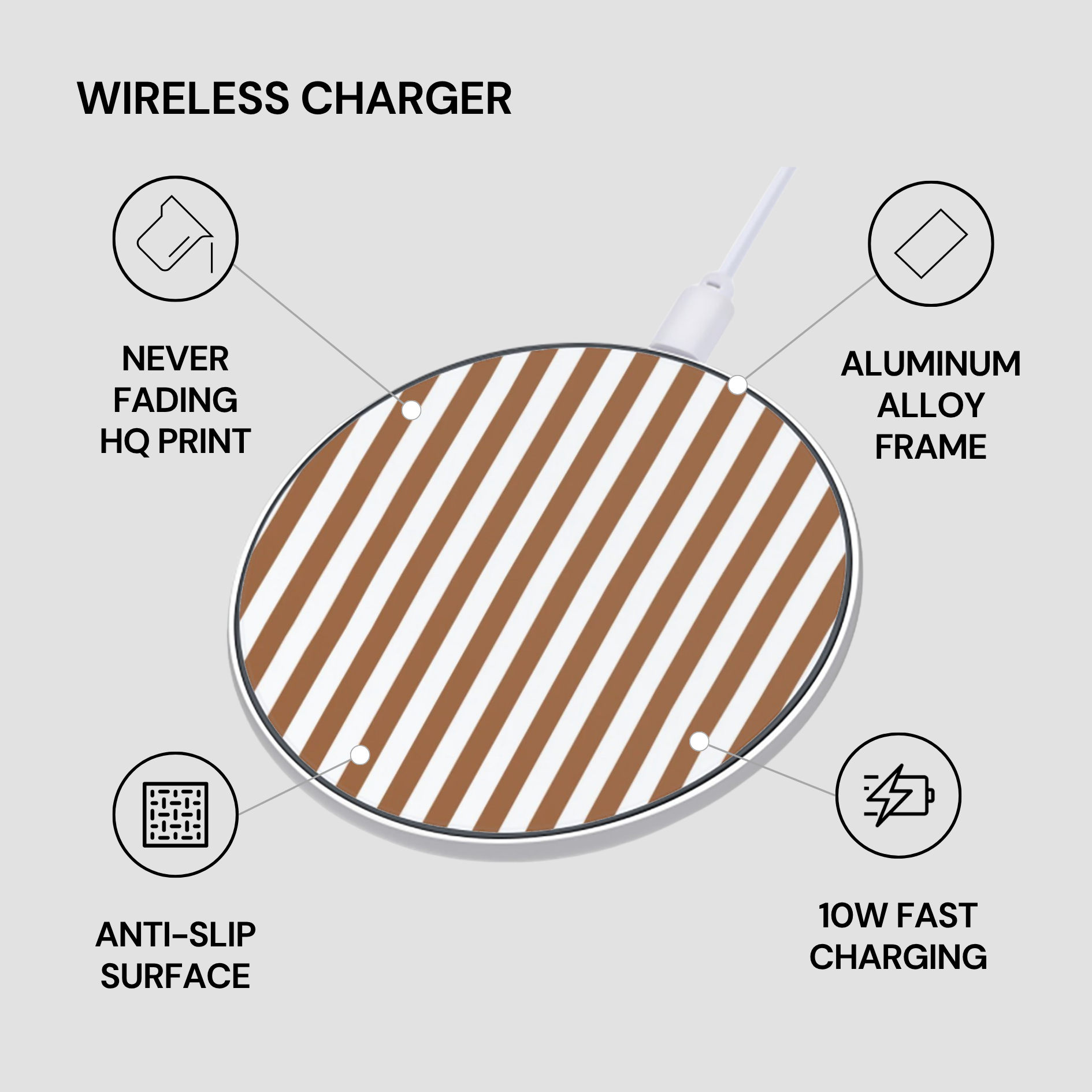 Wireless charger with features listed on a gray background