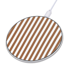 Round wireless charging pad with brown and white striped pattern on a white background