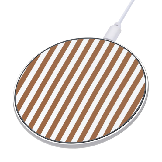 Round wireless charging pad with brown and white striped pattern on a white background