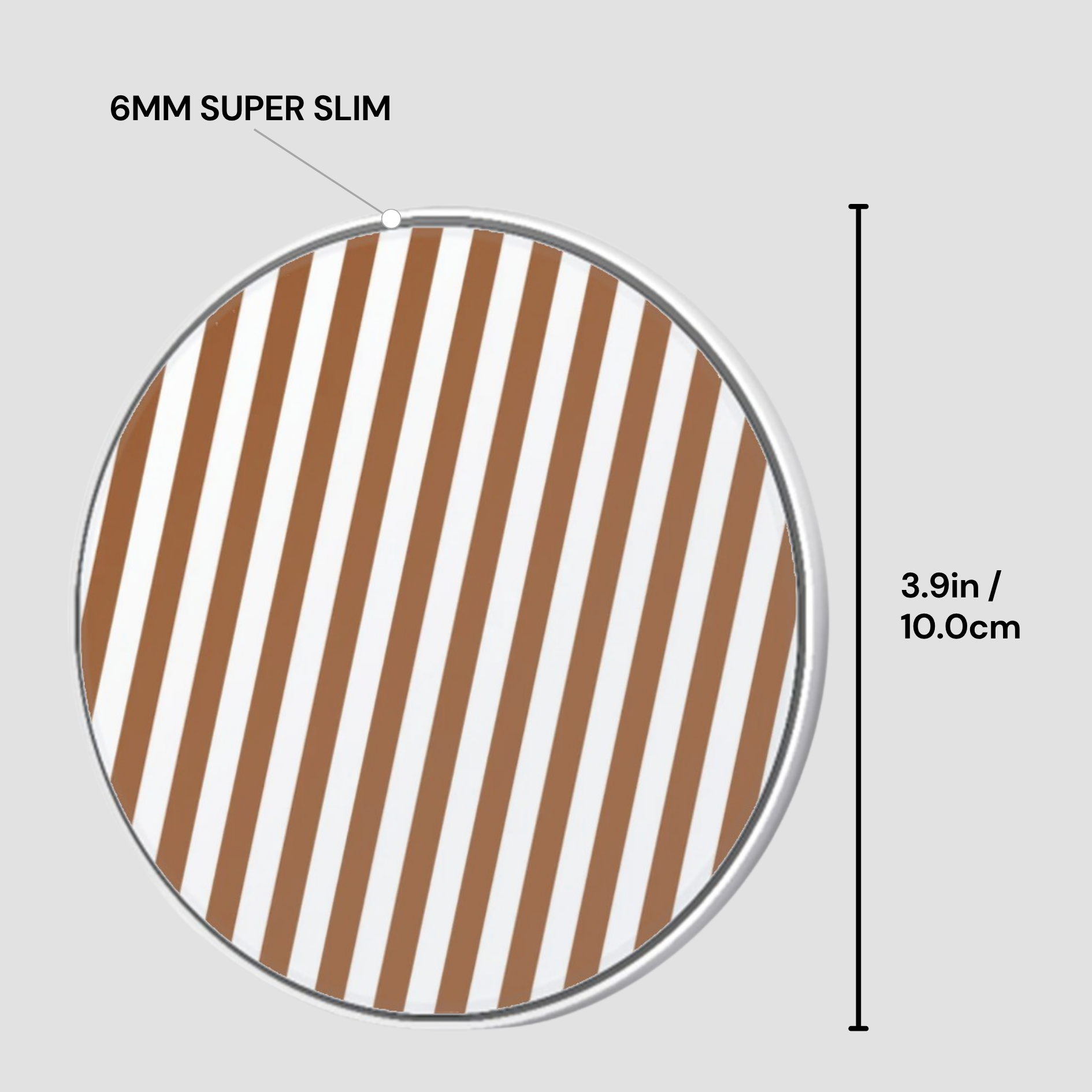Circular object with brown and white striped pattern and measurement details on a gray background