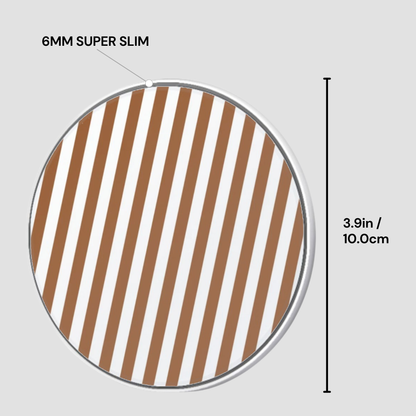 Circular object with brown and white striped pattern and measurement details on a gray background