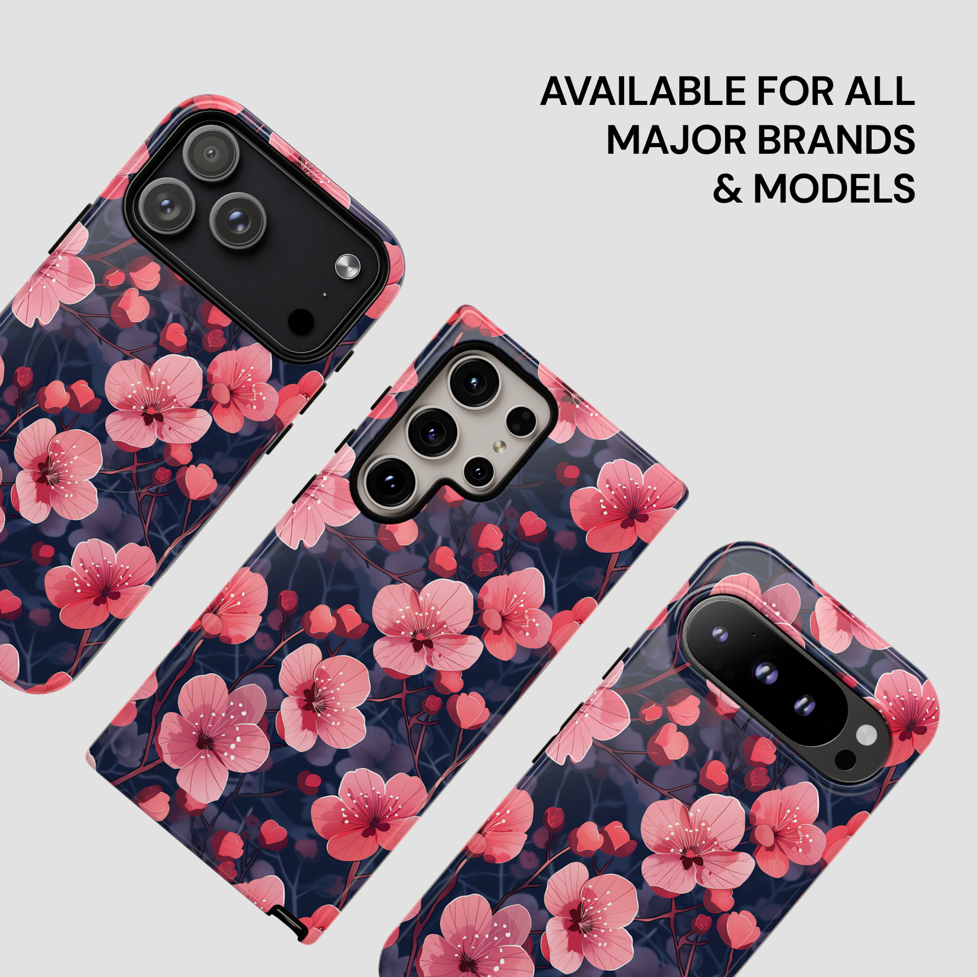 Floral phone case with pink flowers on a dark background, available for all major brands and models.