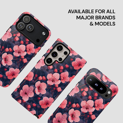 Floral phone case with pink flowers on a dark background, available for all major brands and models.