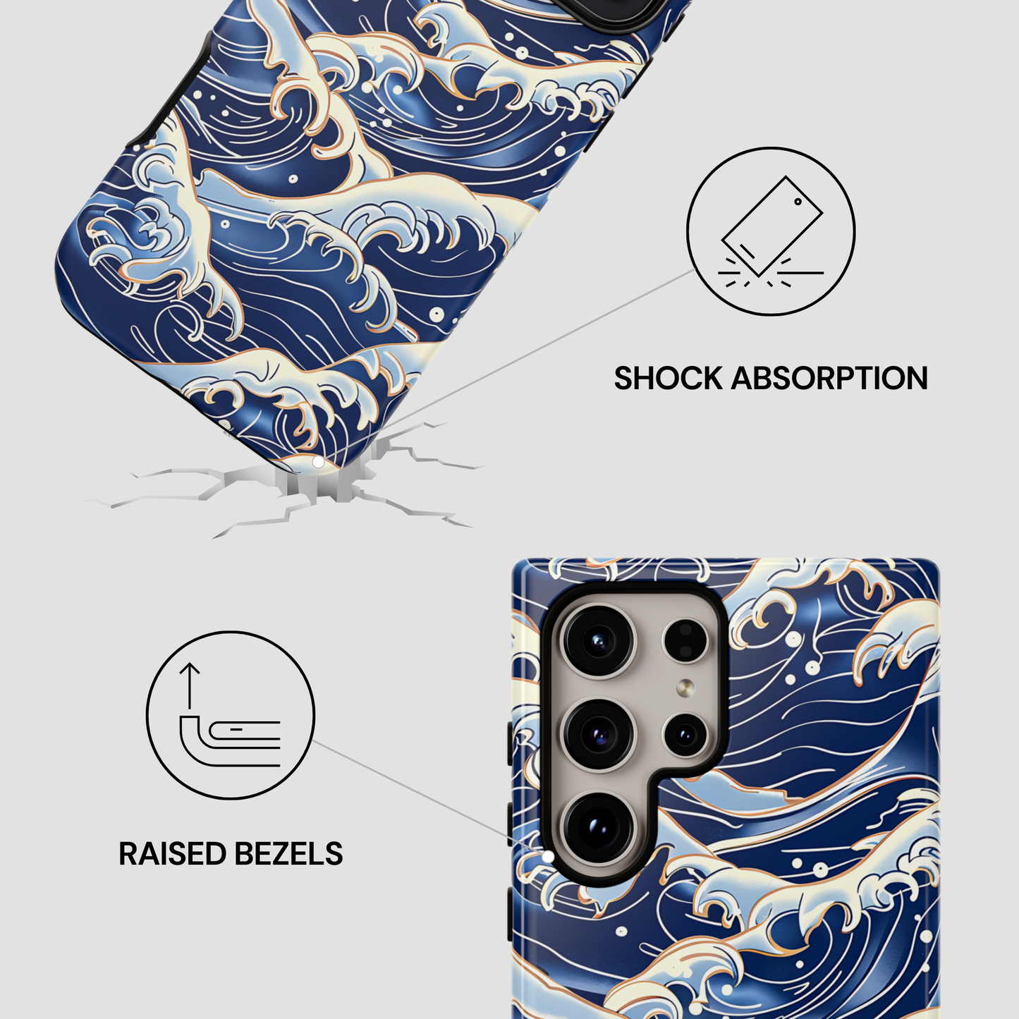 Phone case with wave design and features highlighted on a light gray background | Casenari