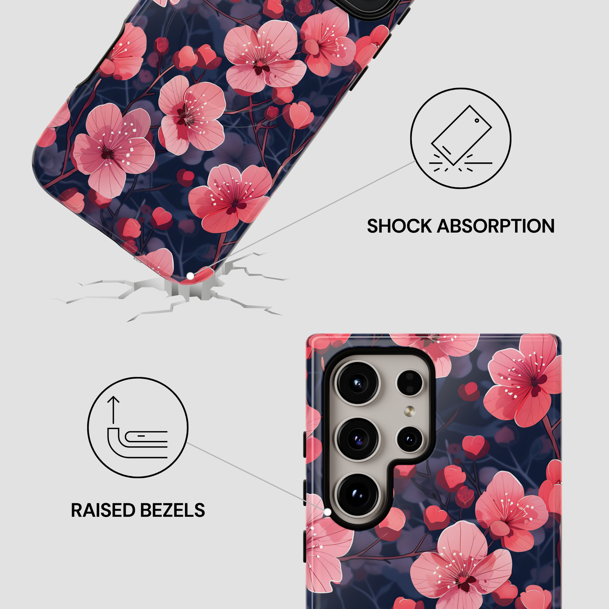 Floral phone case with shock absorption and raised bezels features on a white background
