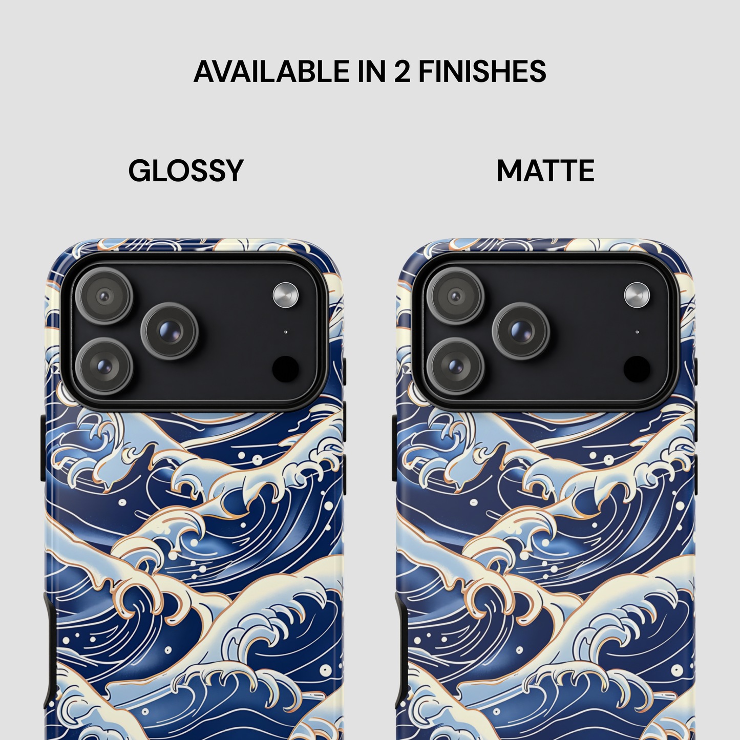 Two phone case designs with wave pattern, one glossy and one matte, on a white background | Casenari