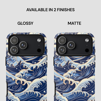 Two phone case designs with wave pattern, one glossy and one matte, on a white background | Casenari