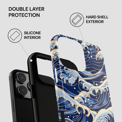 Phone case with wave design and text highlighting double layer protection on a gray background | Casenari