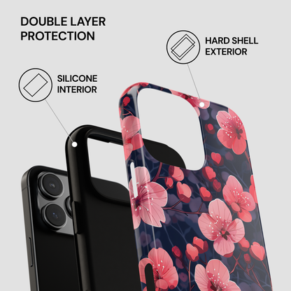 Floral phone case with double layer protection features on a gray background