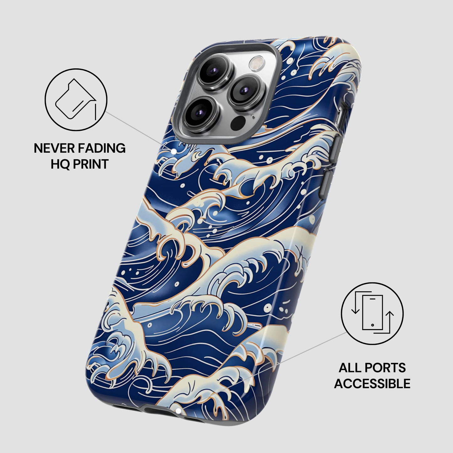 Phone case with wave design and text indicating 'Never Fading HQ Print' and 'All Ports Accessible'  | Casenari
