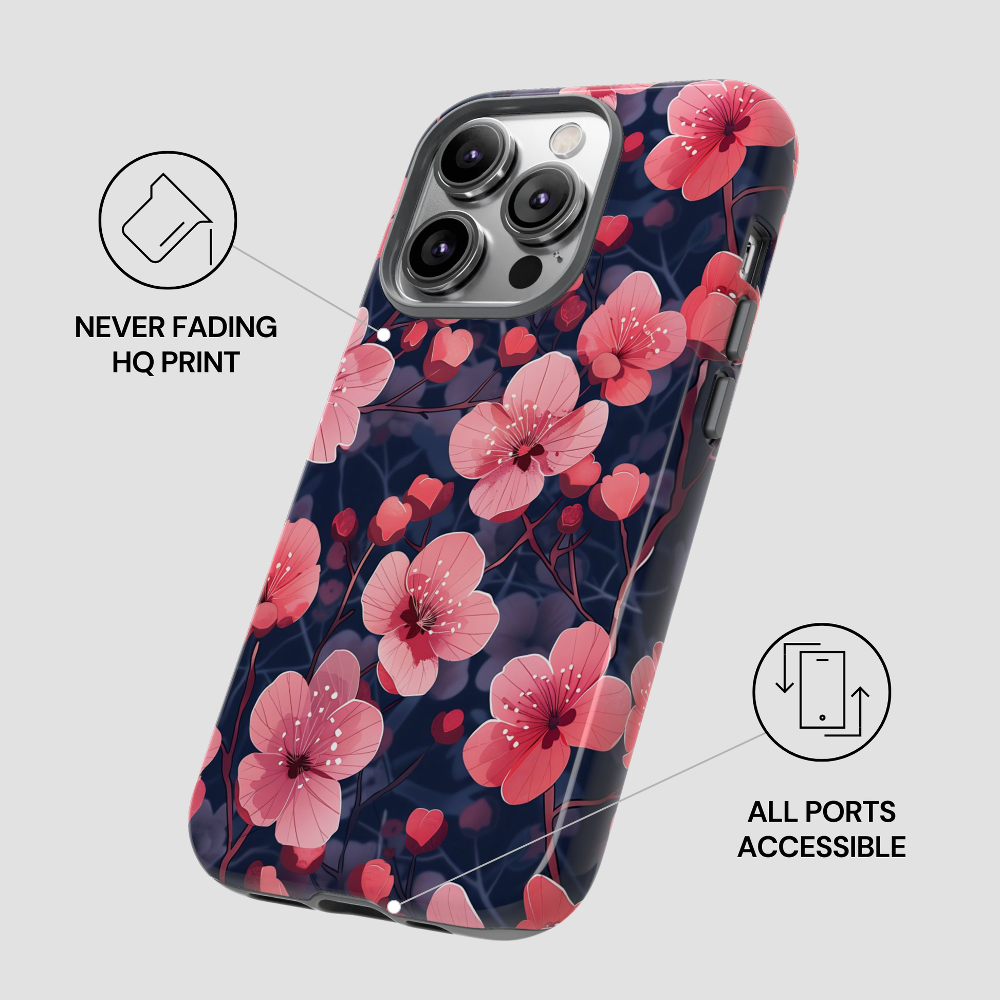 Phone case with pink floral design on a gray background