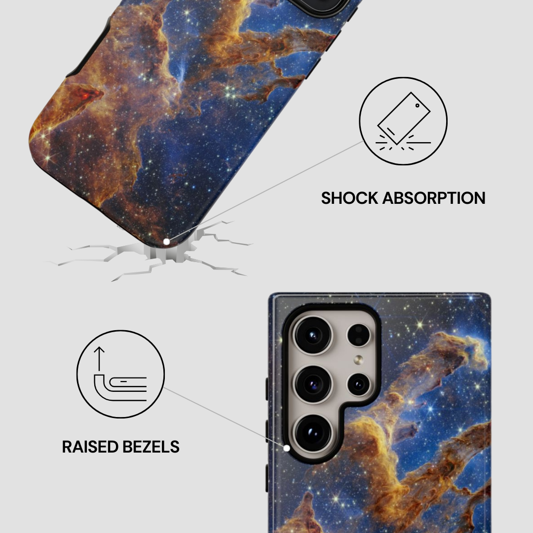 Phone case with space-themed design, shock absorption, and raised bezels features on a white background.