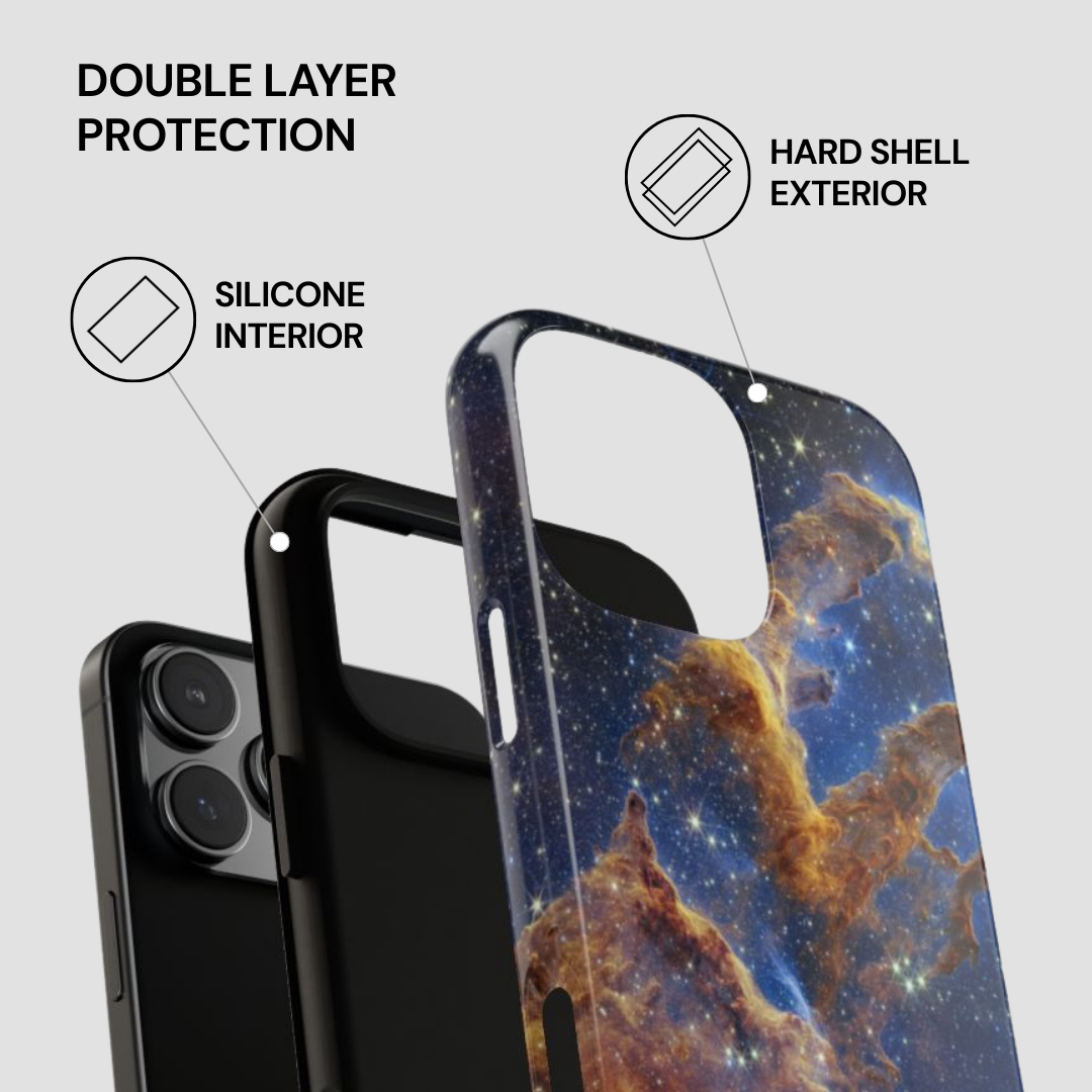 Phone case with space-themed design and text highlighting double layer protection.