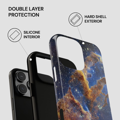 Phone case with space-themed design and text highlighting double layer protection.