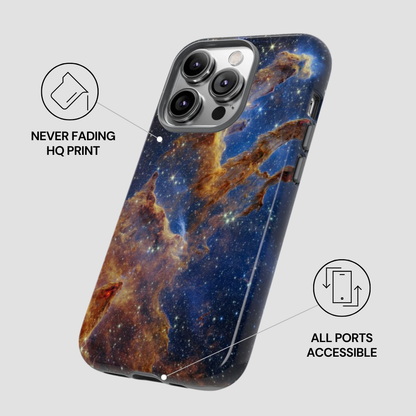 Phone case with space-themed design on a gray background