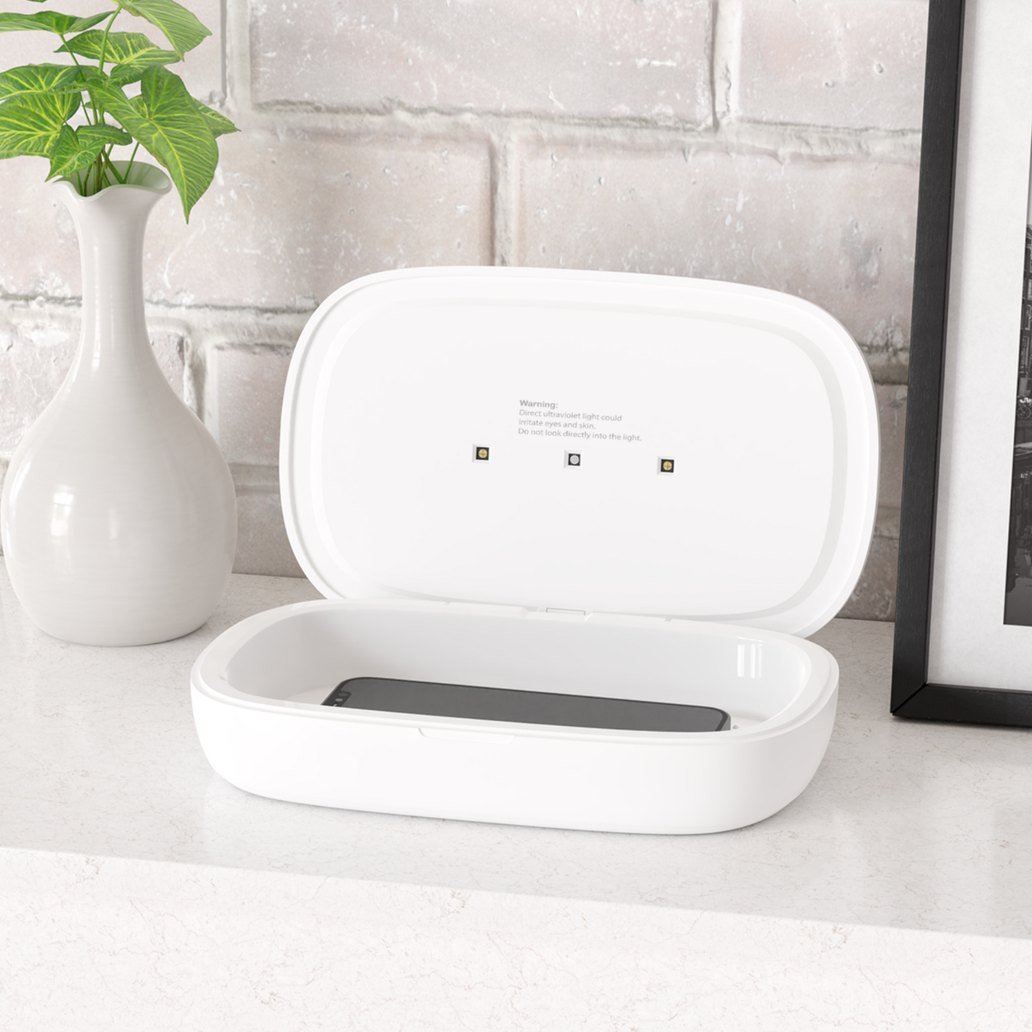 White electronic device case on a light surface with a plant and framed picture in the background.