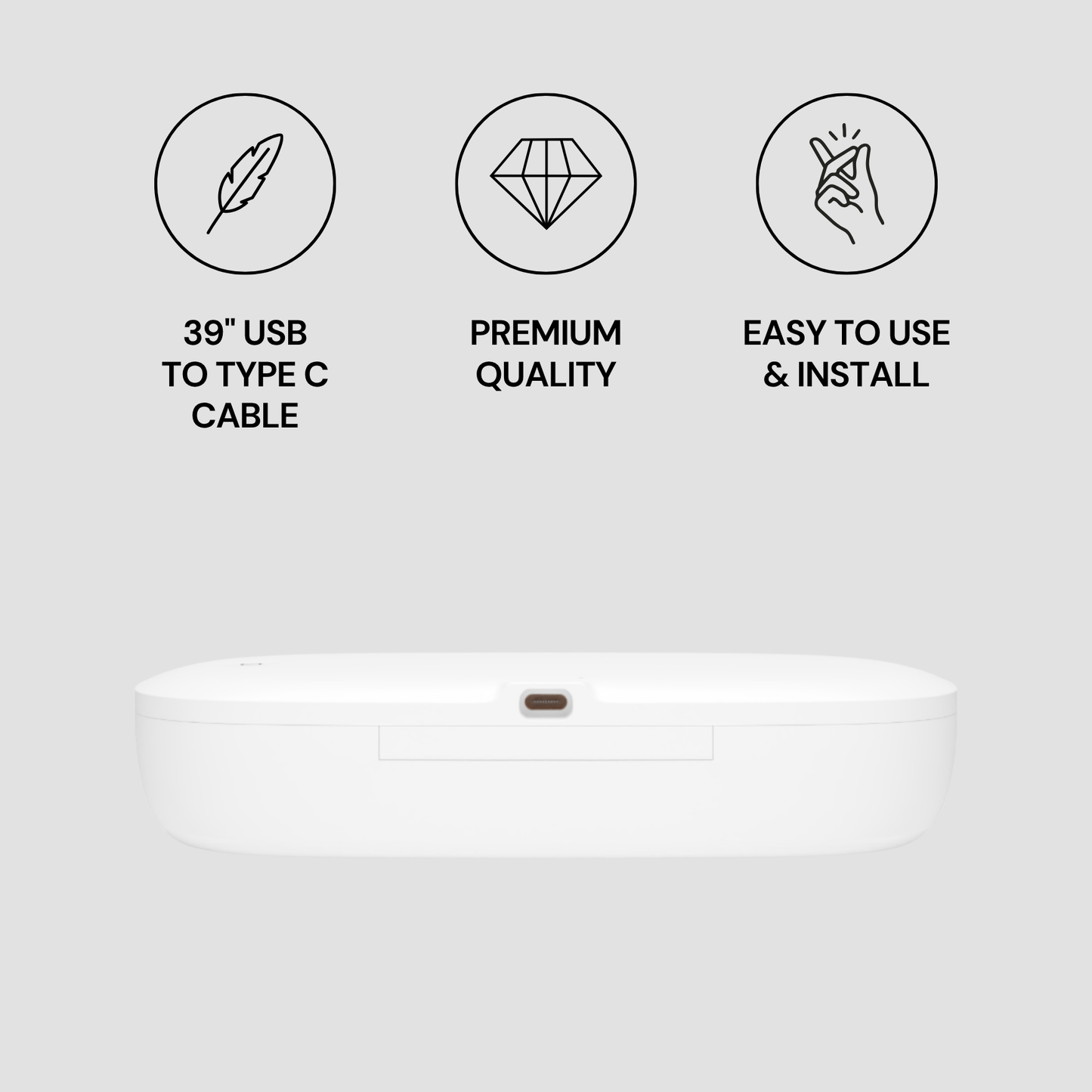 White electronic device with icons and text on a gray background