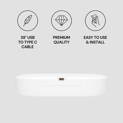White electronic device with icons and text on a gray background
