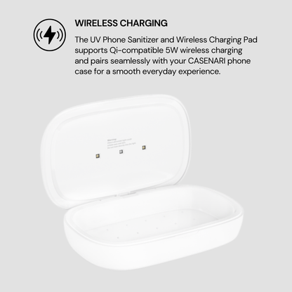 White UV phone sanitizer and wireless charging pad on a light gray background