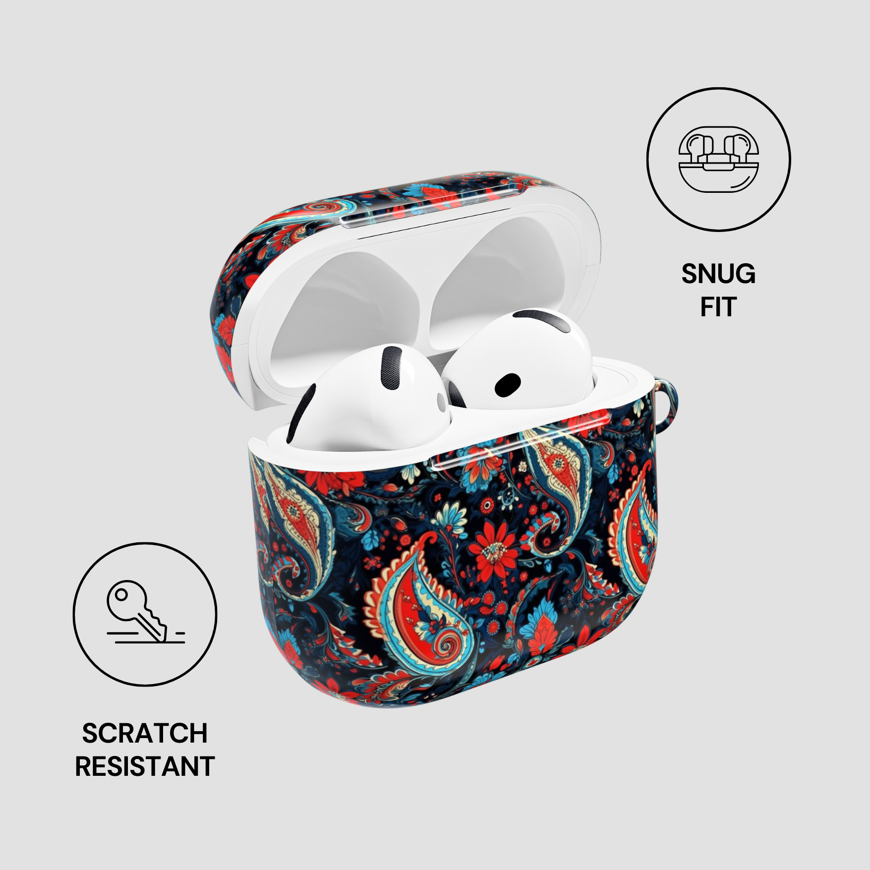 Colorful paisley patterned case for wireless earbuds with 'Snug Fit' and 'Scratch Resistant' features on a light gray background.