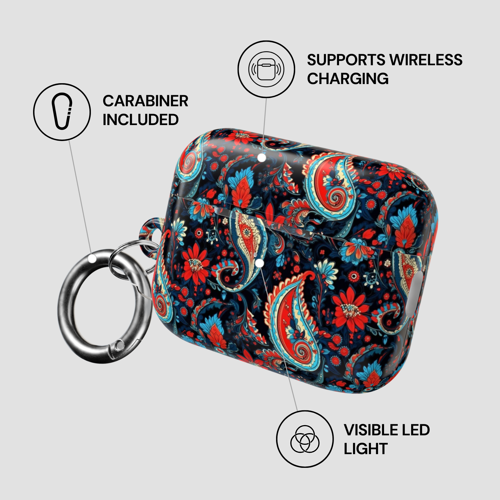 Floral patterned case with carabiner, wireless charging support, and visible LED light on a gray background