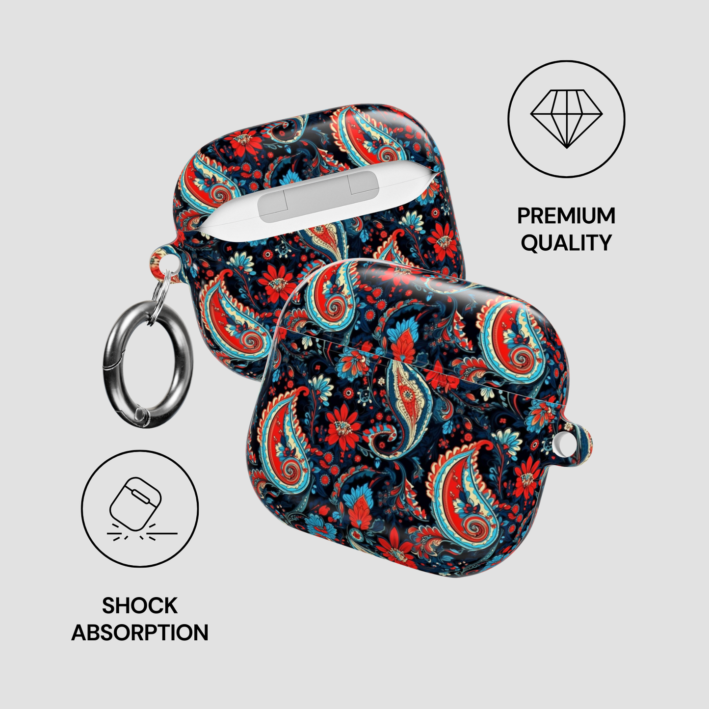 Patterned case with keychain and shock absorption features on a light gray background