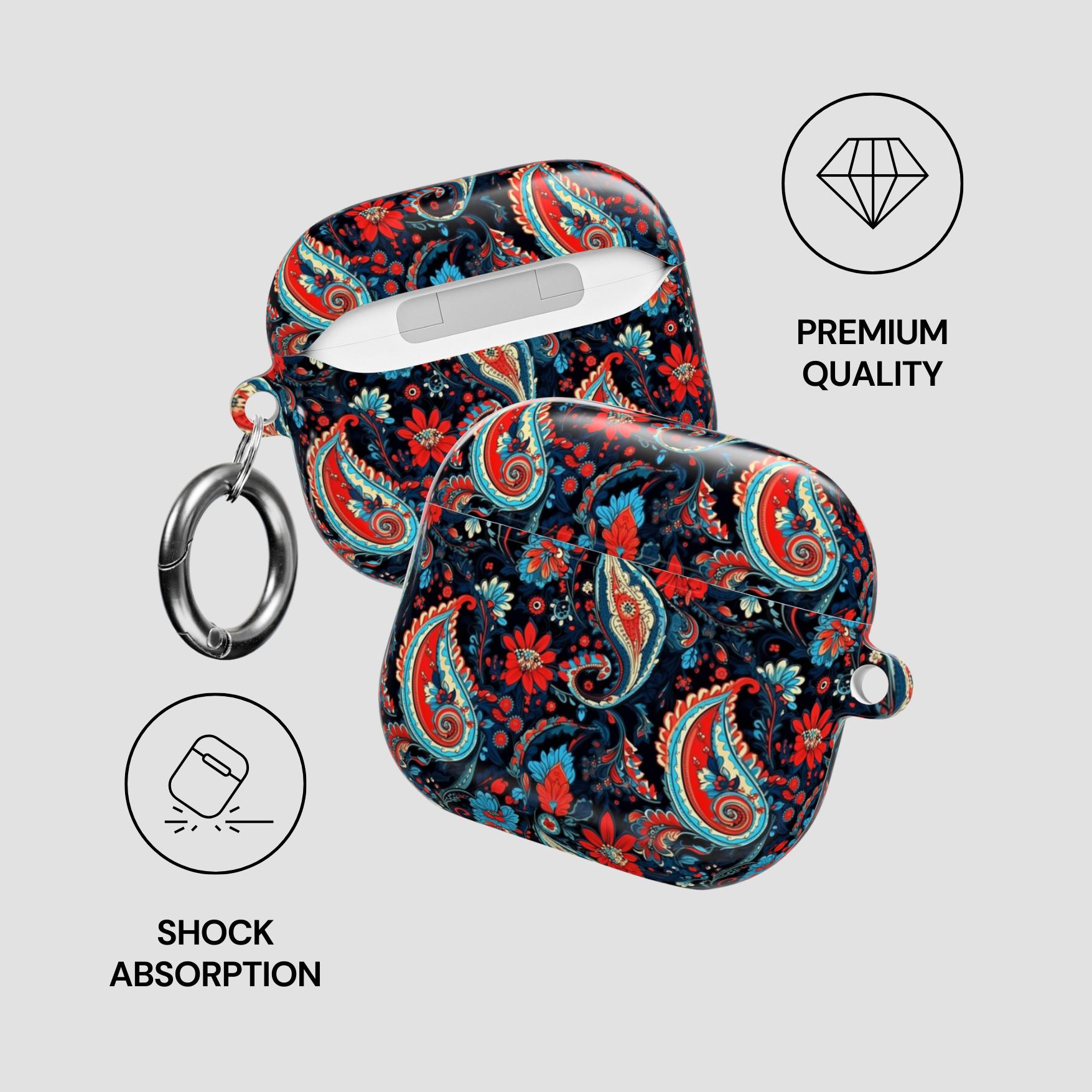 Patterned case with keychain and shock absorption features on a light gray background