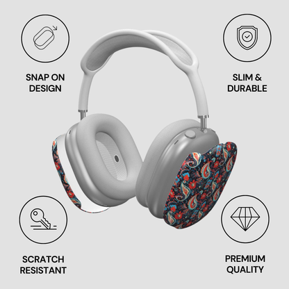 Gray headphones with colorful design on ear cups, featuring icons and text describing features.