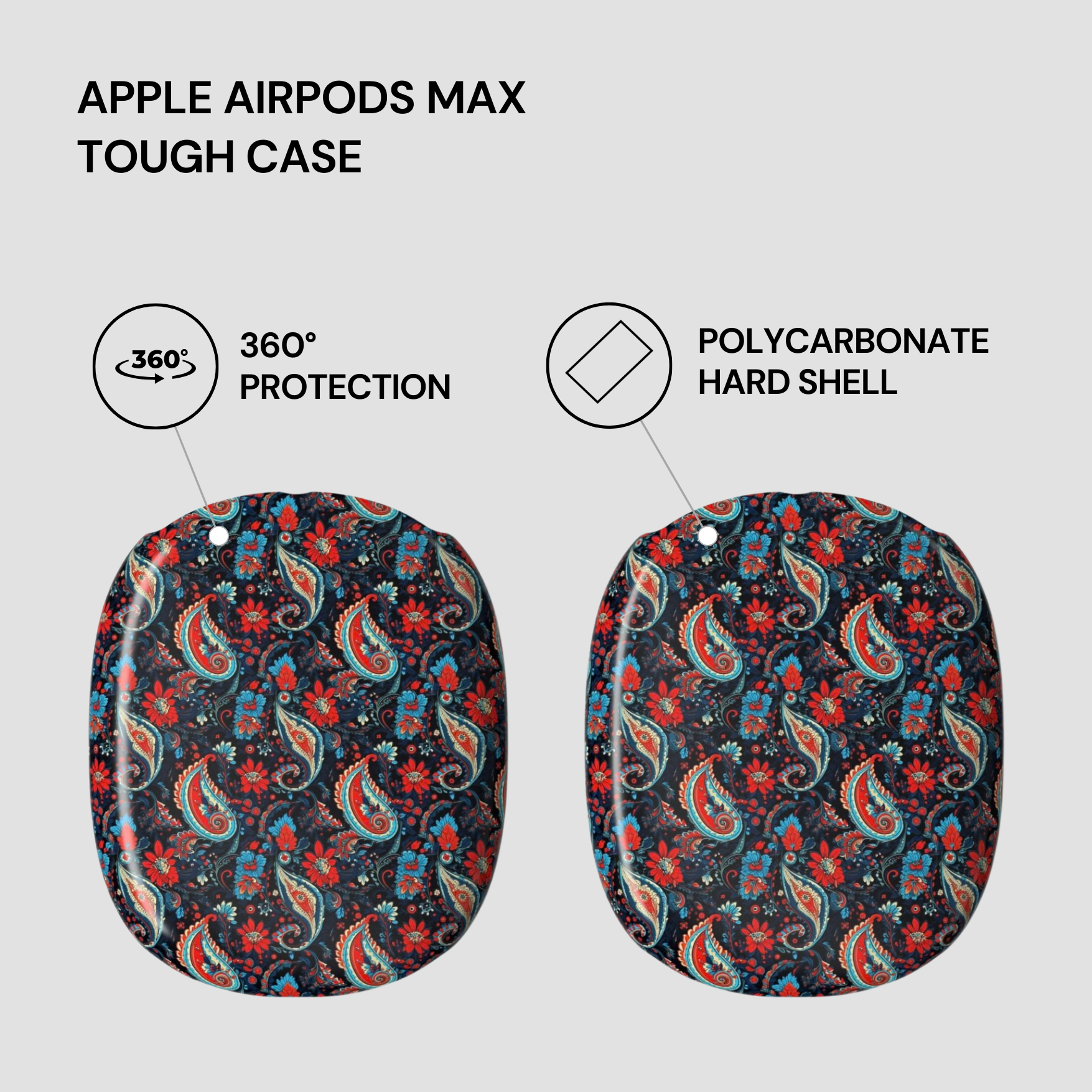 Tough case for Apple AirPods Max with paisley pattern on a light gray background