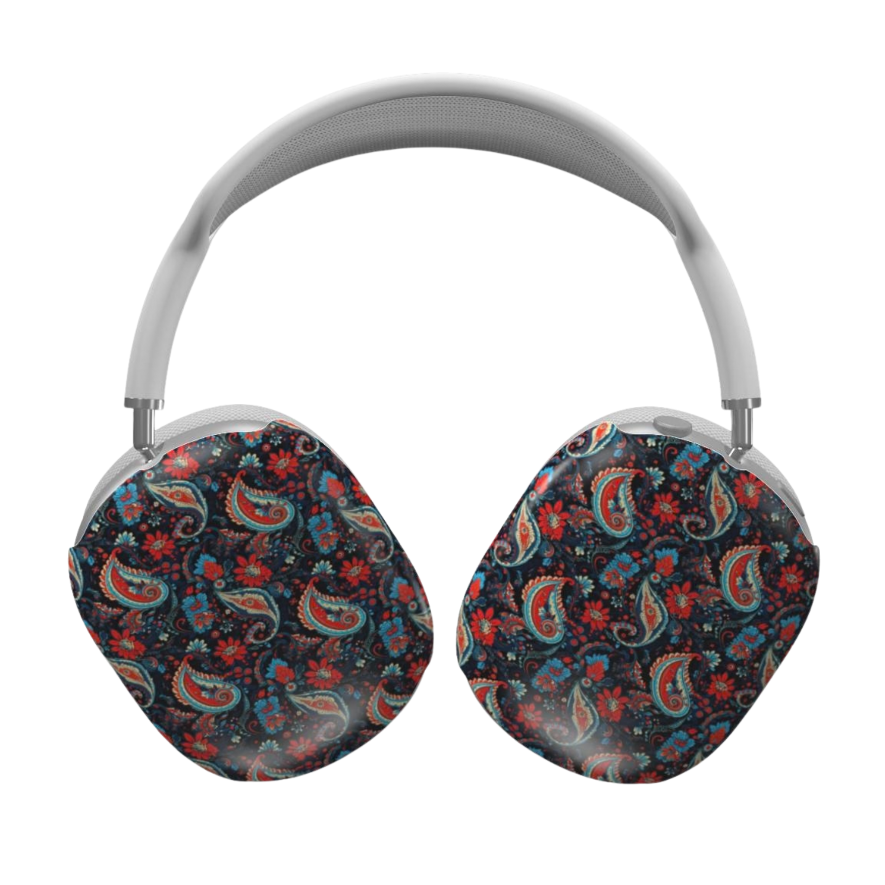 Headphones with paisley patterned ear covers on a white background