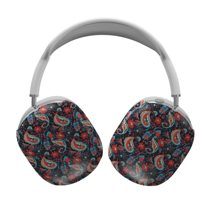 Headphones with paisley patterned ear covers on a white background
