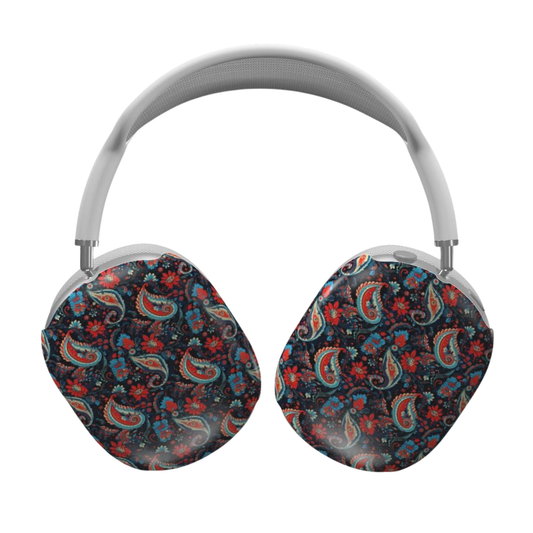 Headphones with paisley patterned ear covers on a white background