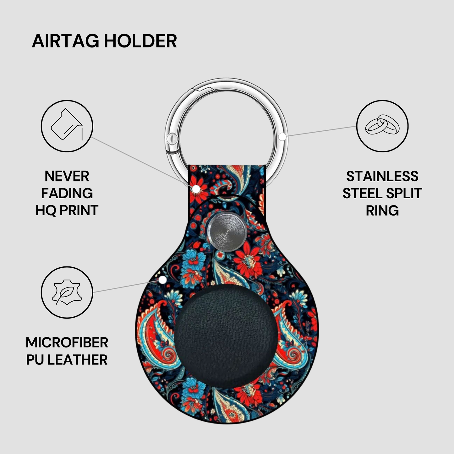 Airtag holder with floral design on a gray background