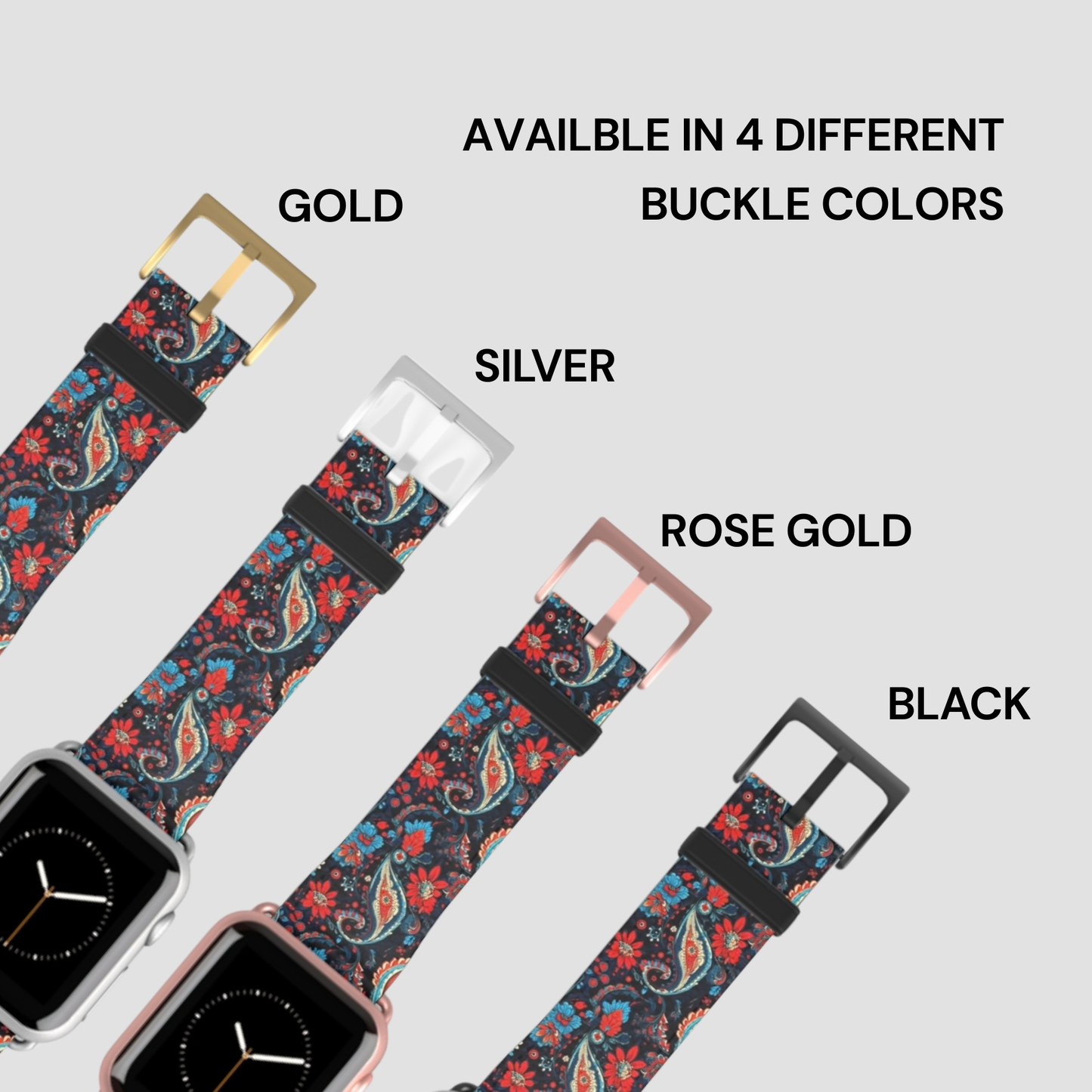 Floral patterned watch strap with four different buckle colors on a white background