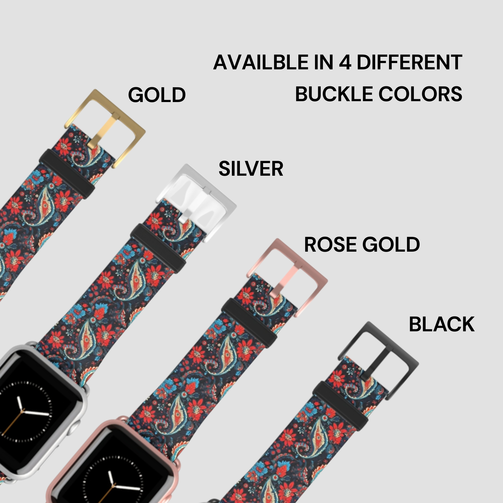 Floral patterned watch strap with four different buckle colors on a white background