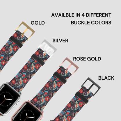 Floral patterned watch strap with four different buckle colors on a white background