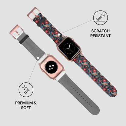 Smartwatch with floral and gray strap on a light gray background