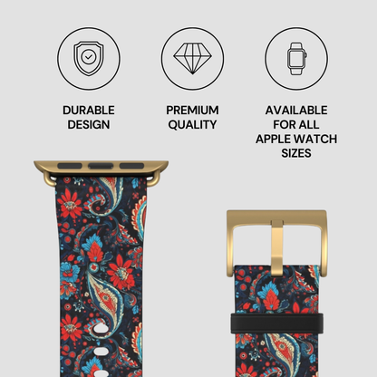 Floral patterned Apple Watch band with gold buckle on a light gray background, featuring durability, quality, and size availability text.