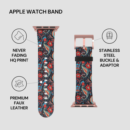 Floral patterned Apple Watch band with stainless steel buckle and adapter on a light gray background