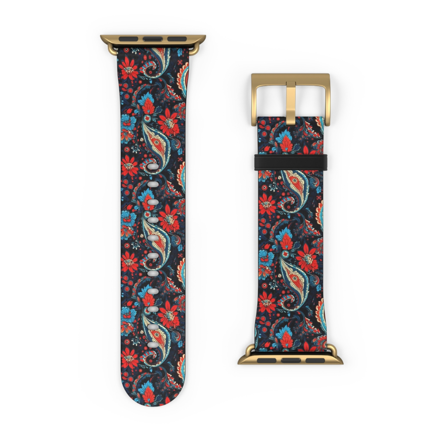 Floral paisley patterned watch strap with gold buckle on a white background