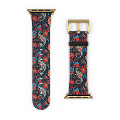 Floral paisley patterned watch strap with gold buckle on a white background