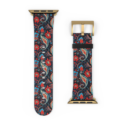 Floral paisley patterned watch strap with gold buckle on a white background