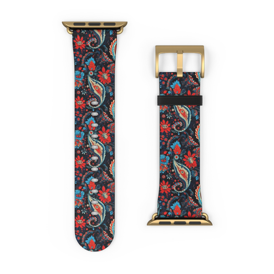 Floral paisley patterned watch strap with gold buckle on a white background